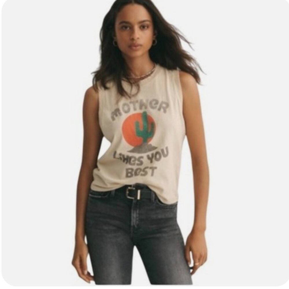MOTHER Cream Graphic Muscle Tee with Orange & Green Cactus